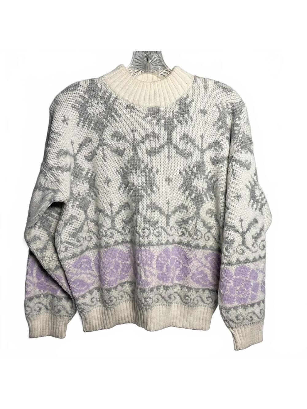 80's Vintage Cream Crew Neck Sweater Purple Floral Size M